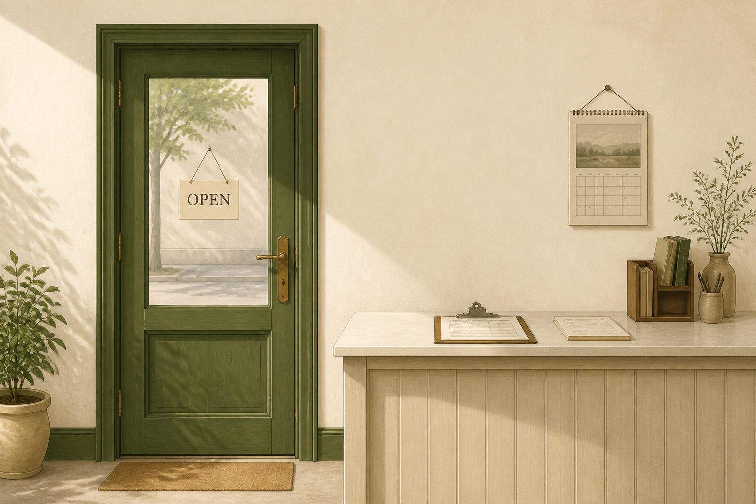 Olive and cream shop door beside a quiet vendor desk with a clipboard and calendar